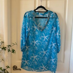 West Indies Wear Beach Coverup  Tunic Blue Sheer Size Medium Starfish